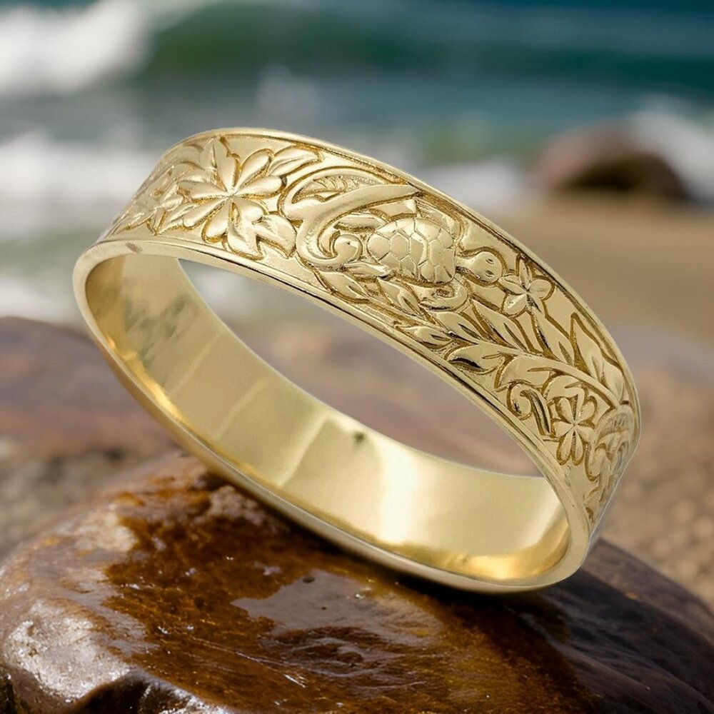 15mm Gold Honu Floral Bangle Bracelet